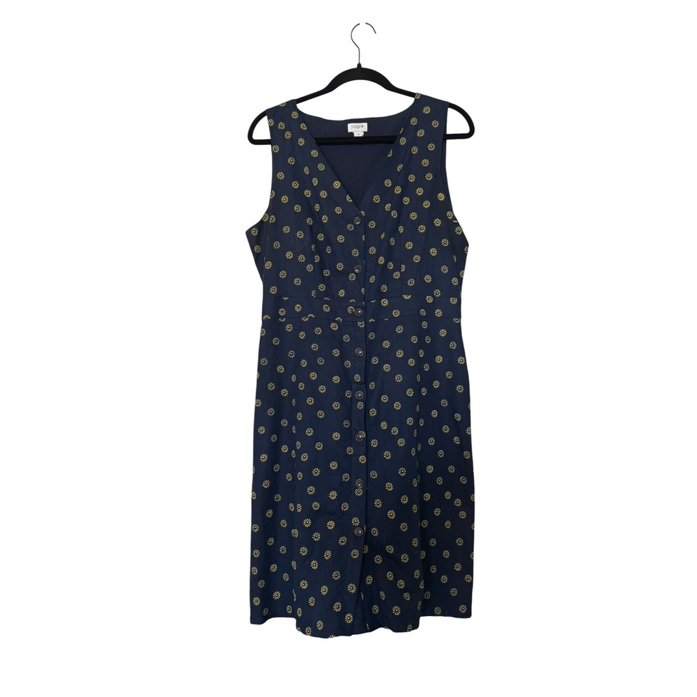 J.Crew Navy Blue Daisy Floral Linen Cotton Button Front Dress Womens 10 Classic